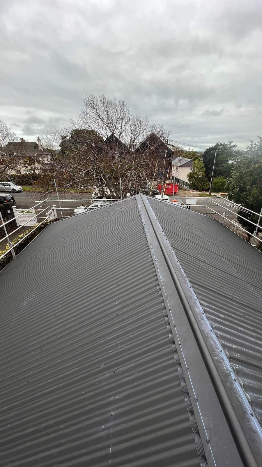 Ridge run on a dark residential long-run roof